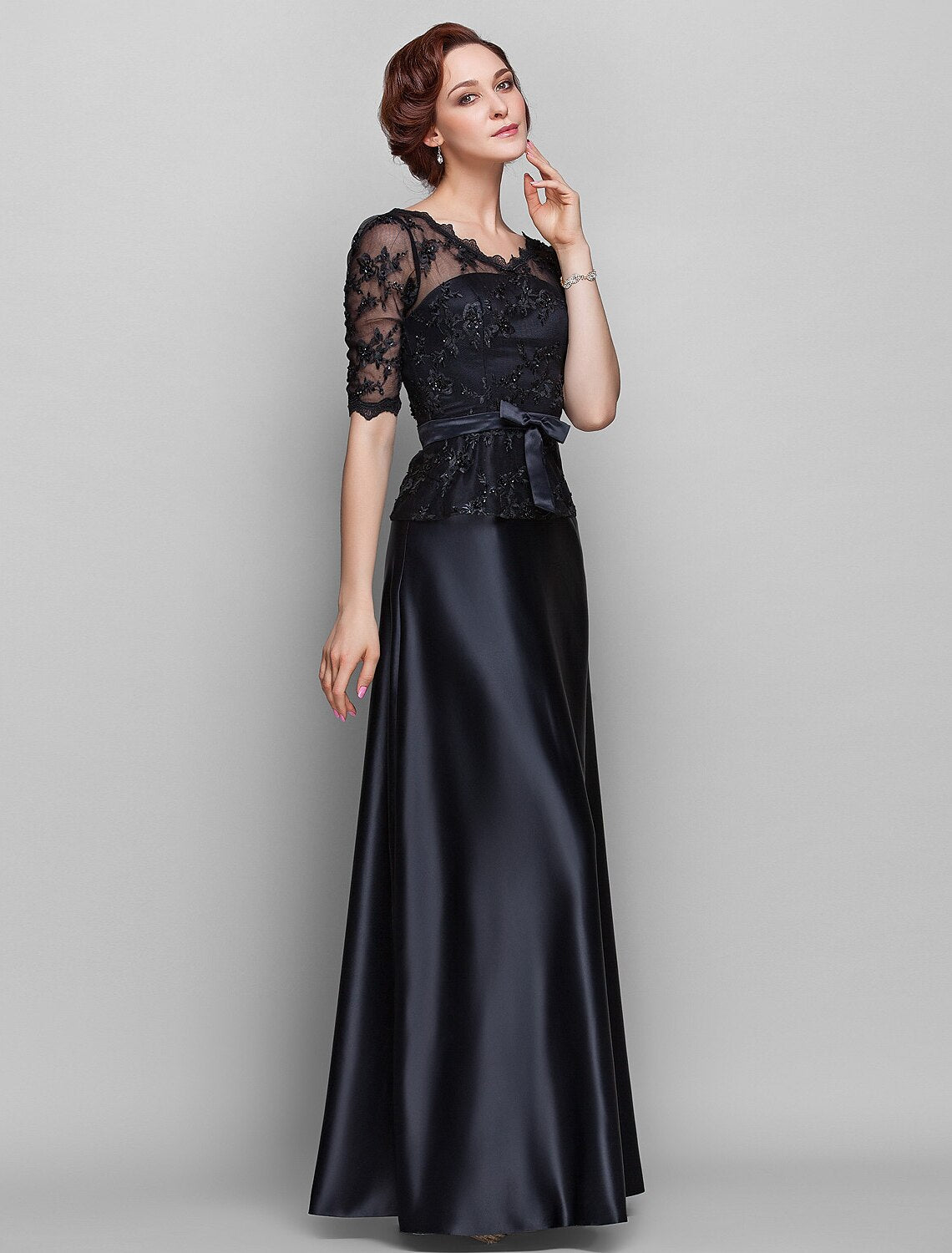 A-Line Mother of the Bride Dress V Neck Floor Length Satin Lace Half Sleeve with Lace Bow(s) Beading