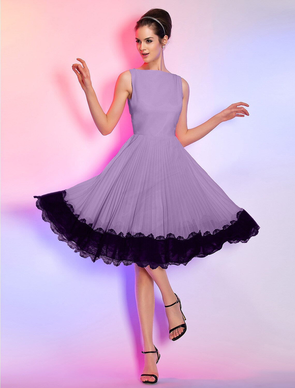 A-Line Vintage Dress Knee Length Sleeveless Boat Neck Chiffon Lace