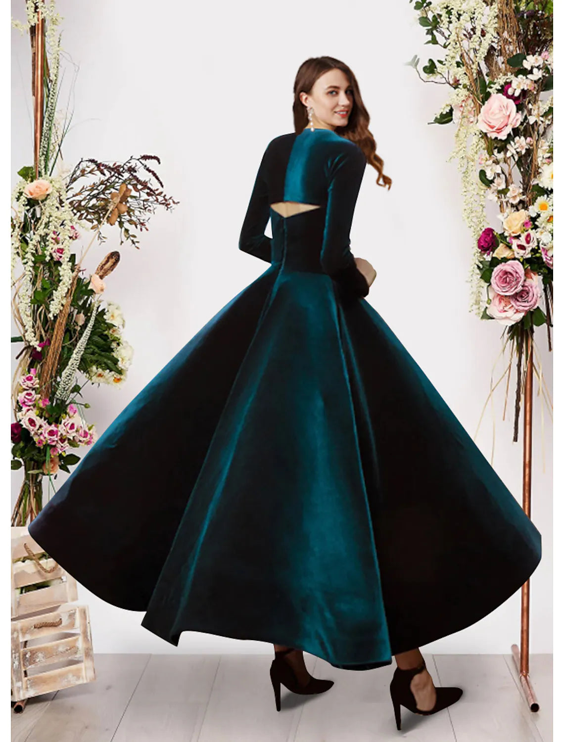 Ball Gown Evening Gown Vintage Dress Prom Ankle Length Long Sleeve Square Neck Velvet