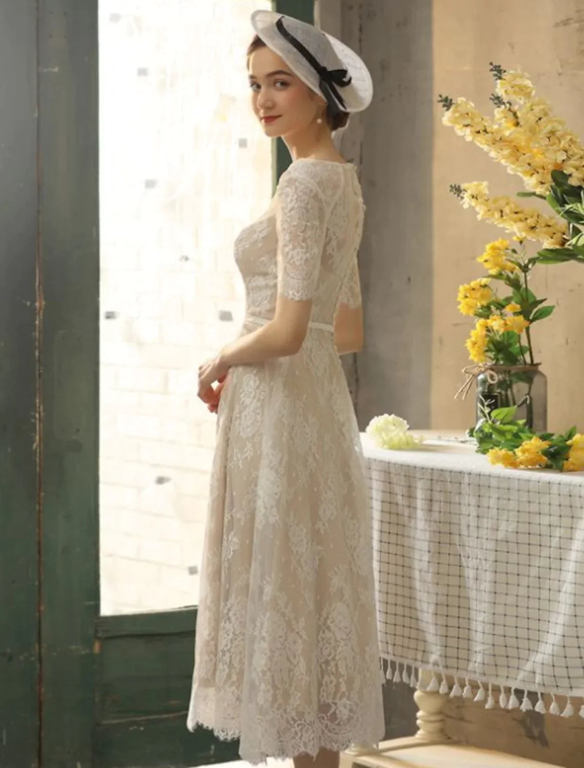 Bridal Little White Dresses Wedding Dresses A-Line Half Sleeve Lace With Sash Ribbon Appliques