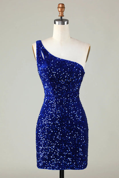 A-line One Shoulder Glitter Sequin Homecoming Dress