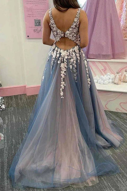 A-Line Keyhole Appliques Back Long Tulle Prom Dress with Split