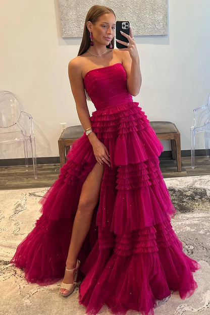 A-Line Strapless Tiered Ruffles Tulle Long Prom Dress – FannyWe
