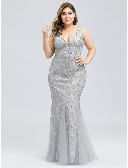 Mermaid / Trumpet Sparkle Sexy Prom Formal Evening Dress V Neck V Back Sleeveless Floor Length Tulle with Sequin Appliques