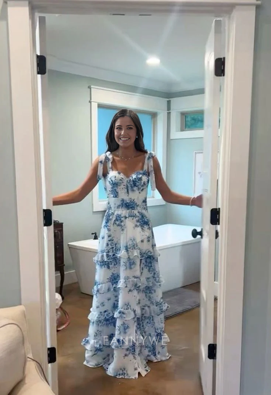 A-Line Lovely Floral Printed Satin Blue Long formal dresses Bridesmaid Dresses evening gown Prom Dress