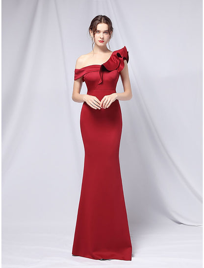 Mermaid / Trumpet Evening Gown Empire Dress Wedding Guest Floor Length Short Sleeve One Shoulder Stretch Satin with Ruffles