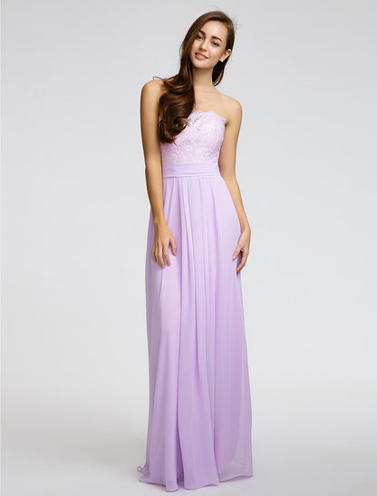 Product Sample Sheath / Column Strapless Floor Length Chiffon / Lace Bridesmaid Dress with Sash / Ribbon / Pleats