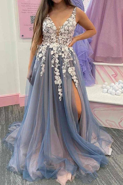 A-Line Keyhole Appliques Back Long Tulle Prom Dress with Split