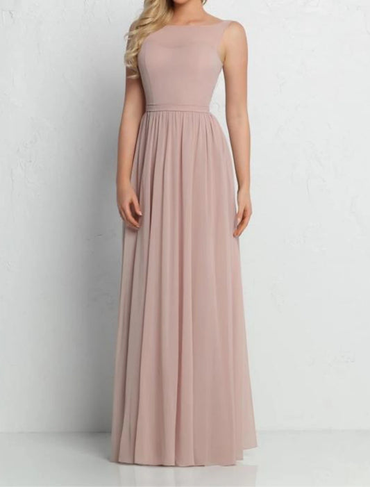 A-Line Bridesmaid Dress Illusion Neck / Sweetheart / Scoop Neck Sleeveless Pink Floor Length Chiffon / Shantung / Imitated Silk with Pleats / Draping / Ruching