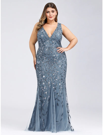 Mermaid / Trumpet Sparkle Sexy Prom Formal Evening Dress V Neck V Back Sleeveless Floor Length Tulle with Sequin Appliques