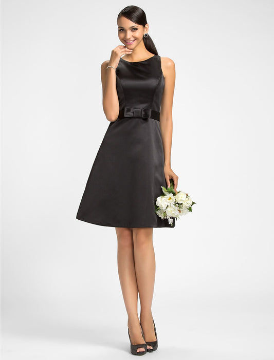 A-Line Jewel Neck Knee Length Satin Bridesmaid Dress with Bow(s) / Sash / Ribbon