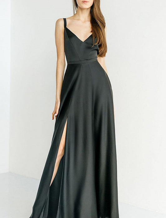 A-Line Bridesmaid Dress Spaghetti Strap Sleeveless Open Back Floor Length Stretch Satin with Split Front / Solid Color