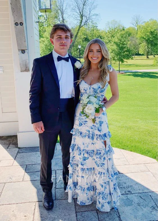 A-line elegant layered chiffon floral backless Blue long formal dresses Bridesmaid Dresses evening gown Prom Dress