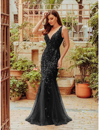 Mermaid / Trumpet Sparkle Sexy Prom Formal Evening Dress V Neck V Back Sleeveless Floor Length Tulle with Sequin Appliques