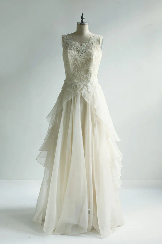 Round neck lace chiffon long prom dress