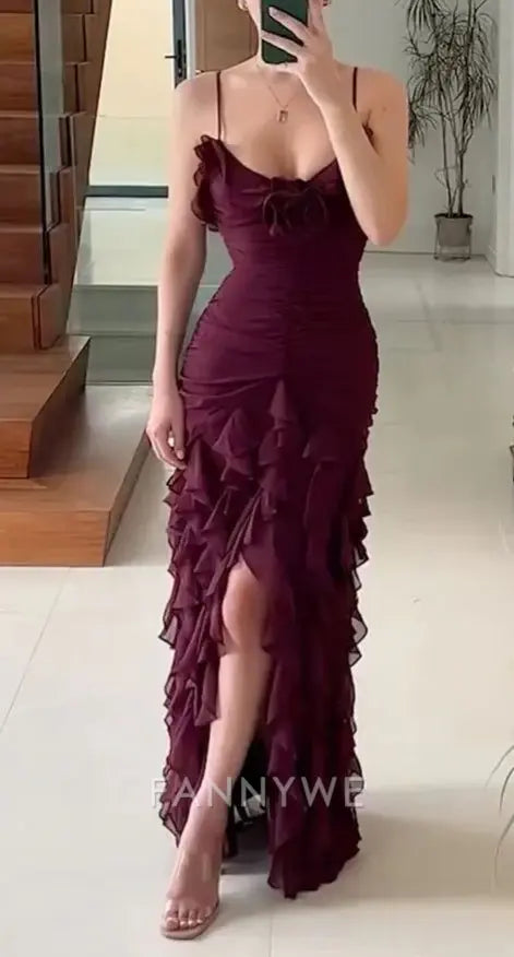 Sheath Elegant Sexy Spaghetti Strap Ankle Length Chiffon Ruffle Purple formal dresses Bridesmaid Dresses evening gown Prom Dress