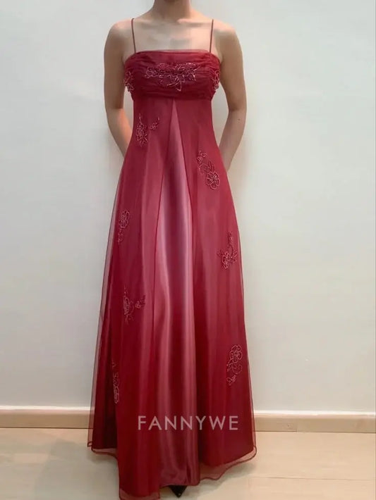 Elegant Exquisite Embroidery Beading Spaghetti Strap Long Tulle formal dresses Bridesmaid Dresses evening gown Prom Dress
