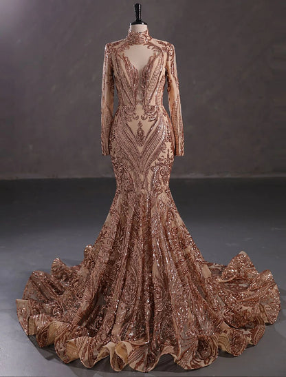 Mermaid / Trumpet Evening Gown Elegant Dress Engagement Court Train Long Sleeve Stand Collar Lace with Sequin