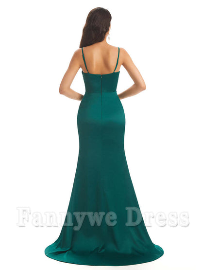 Mermaid Spaghetti Straps Satin Side Slit formal dresses evening gown Bridesmaid Dresses