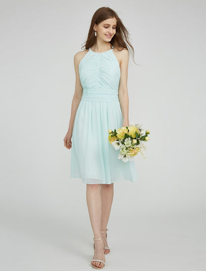 Sheath / Column Jewel Neck Knee Length Chiffon Bridesmaid Dress with Ruched / Side Draping