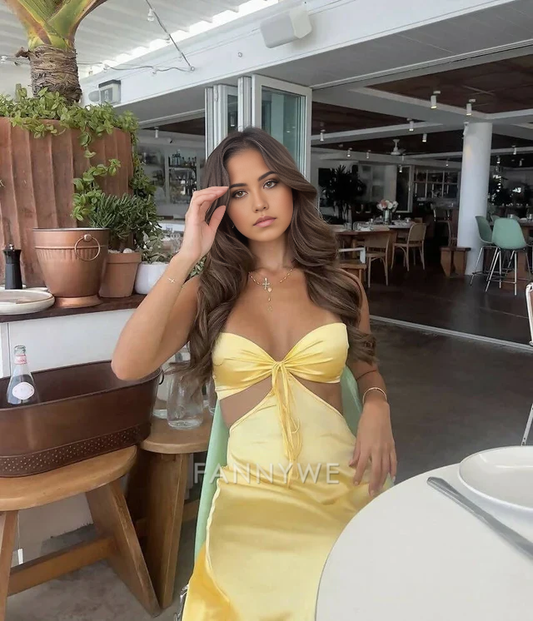 A-Line Simple Strapless Satin Yellow Long formal dresses Bridesmaid Dresses evening gown Prom Dress