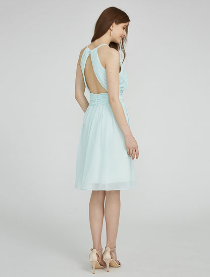 Sheath / Column Jewel Neck Knee Length Chiffon Bridesmaid Dress with Ruched / Side Draping