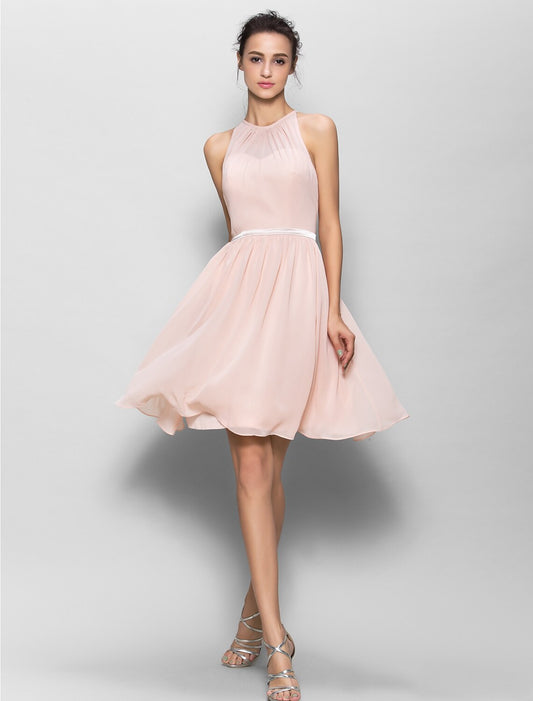 Product Sample A-Line / Ball Gown Jewel Neck Knee Length Chiffon Bridesmaid Dress with Sash / Ribbon / Pleats