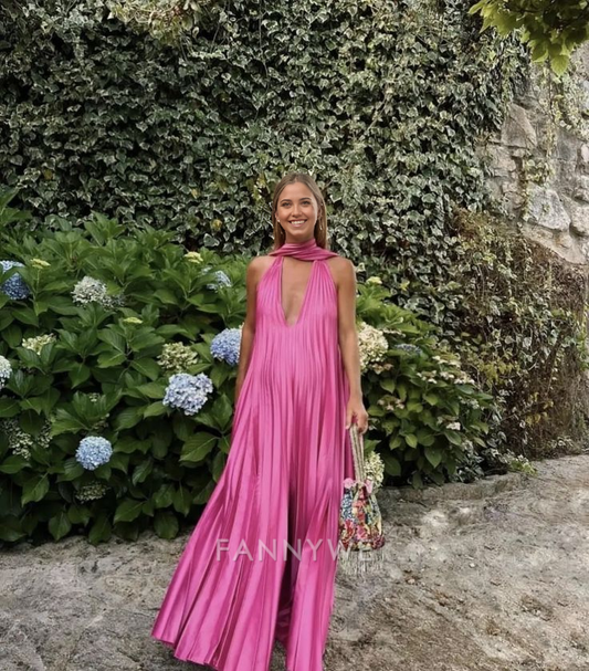 Elegant V-neck Long Satin Pink formal dresses Bridesmaid Dresses evening gown Prom Dress