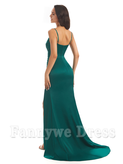 Mermaid Spaghetti Straps Satin Side Slit formal dresses evening gown Bridesmaid Dresses