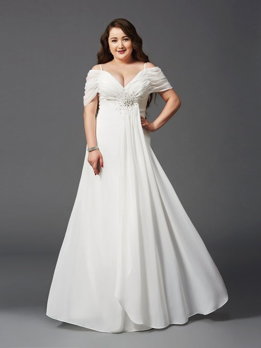 A-Line Chiffon Off-the-Shoulder Short Sleeves Floor-Length With Ruched Plus Size Dresses