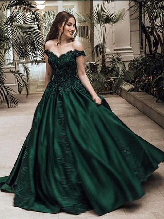 Ball Gown Off-the-Shoulder Sleeveless Floor-Length With Lace Satin Dresses