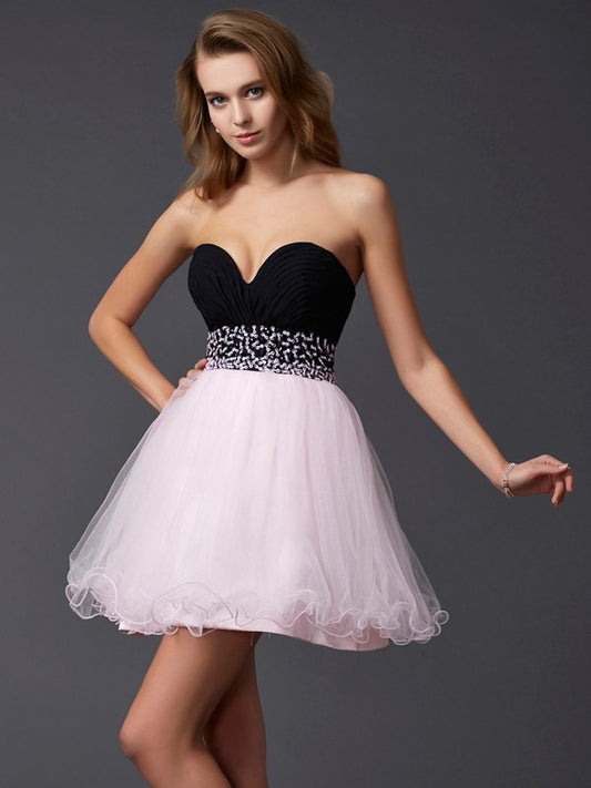 A-Line Woven Satin Sweetheart Sleeveless Short/Mini With Beading Homecoming Dresses