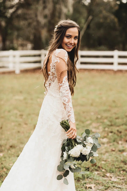 Bohemian Lace Deep-V Back Cathedral Train Wedding Dress