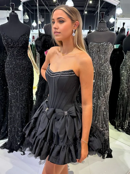 Strapless Layered Black Satin Prom Dresses Evening Homecoming Dresses with Beadings