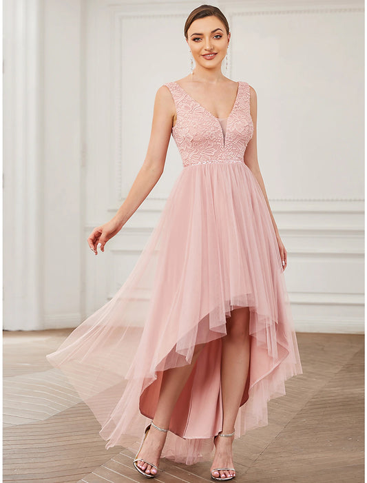 A-Line Bridesmaid Dress V Neck Sleeveless Elegant Short / Mini Lace / Tulle with Draping  / Ruching