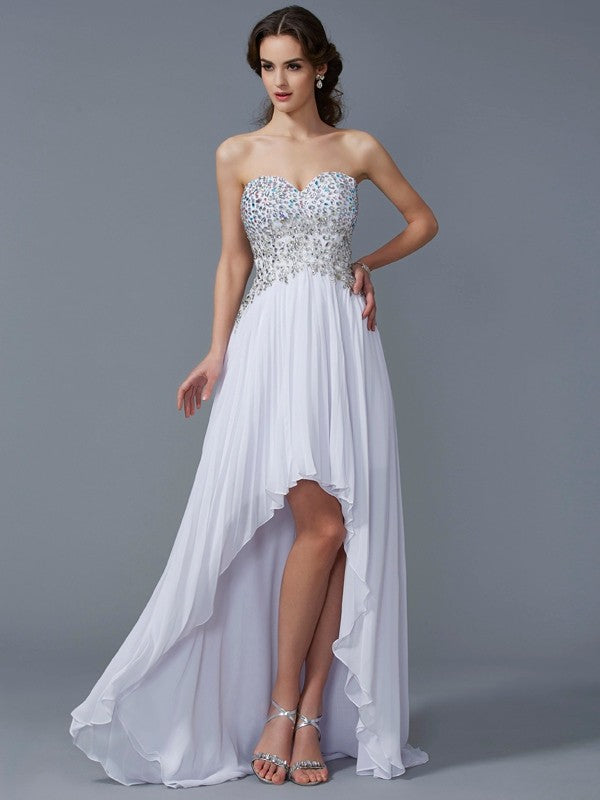 A-Line Chiffon Sweetheart Sleeveless Asymmetrical With Beading Dresses