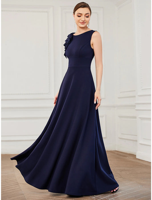 A-Line Evening Gown Plus Size Dress Formal Floor Length Sleeveless Jewel Neck Polyester with Draping Appliques Pure Color