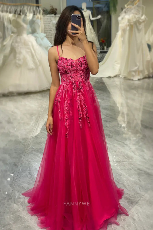 A Line Spaghetti Appliques Straps Tulle Long Fuchsia formal dresses Bridesmaid Dresses evening gown Prom Dress