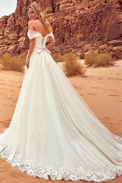 Beach A-line Off The Shoulder Tulle Appliques Long Wedding Dress