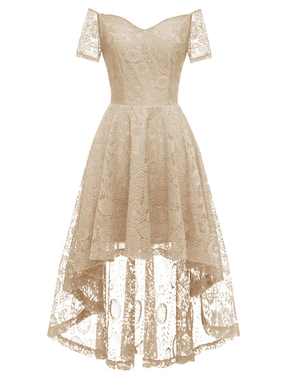 A-Line Cocktail Dresses Vintage Dress Party Wear Knee Length Short Sleeve Off Shoulder Lace with Pleats