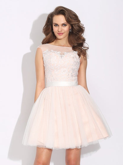 A-Line Net Bateau Short Sleeves Short/Mini With Ruffles Dresses