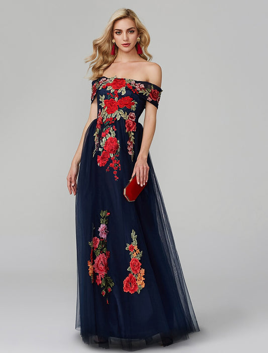 A-Line Prom Dresses Floral Dress Wedding Guest Floor Length Sleeveless Off Shoulder Lace Over Tulle with Embroidery Appliques