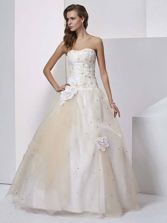 Ball Gown Tulle Sweetheart Sleeveless Floor-Length With Hand-Made Flower Quinceanera Dresses