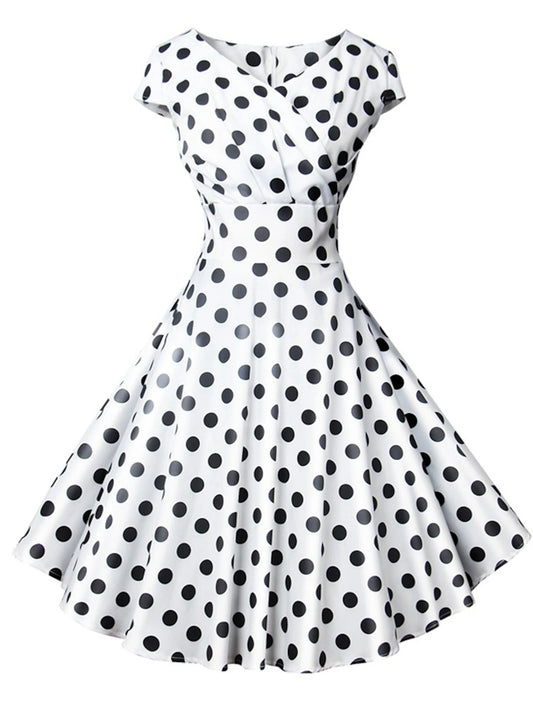 A-Line Party Dresses Vintage Dress Christmas Knee Length Short Sleeve V Neck Polyester with Pattern / Print Polka Dot