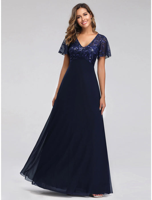 A-Line Empire Party Wear Prom Dress V Neck Short Sleeve Floor Length Tulle with Sequin Appliques