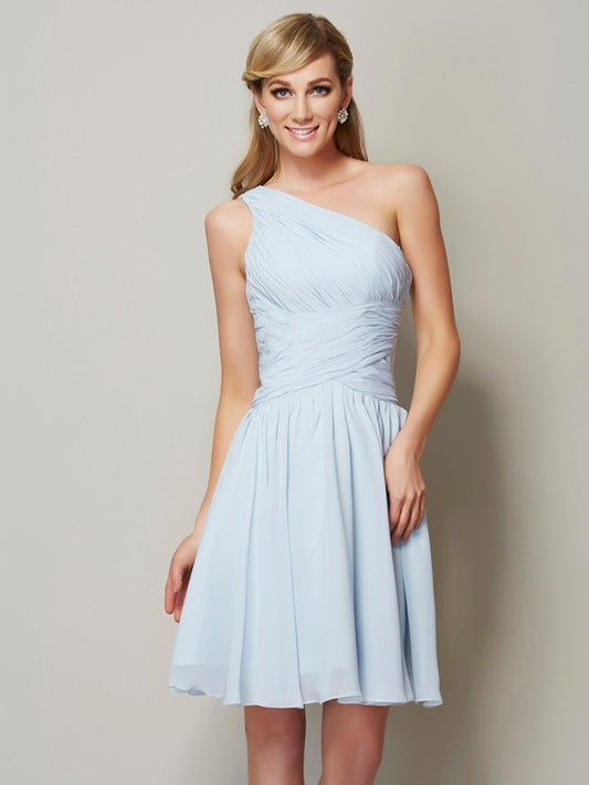 A-Line Chiffon One-Shoulder Sleeveless Short/Mini With Ruched Bridesmaid Dresses