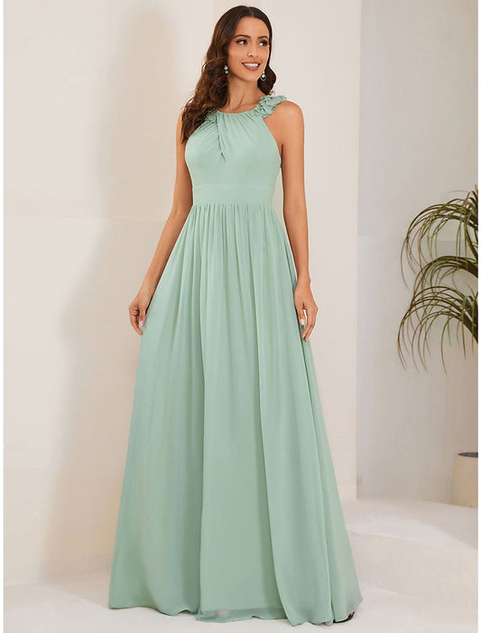 A-Line Wedding Guest Dresses Elegant Dress Formal Floor Length Sleeveless Jewel Neck Chiffon with Pleats Shouder Flower