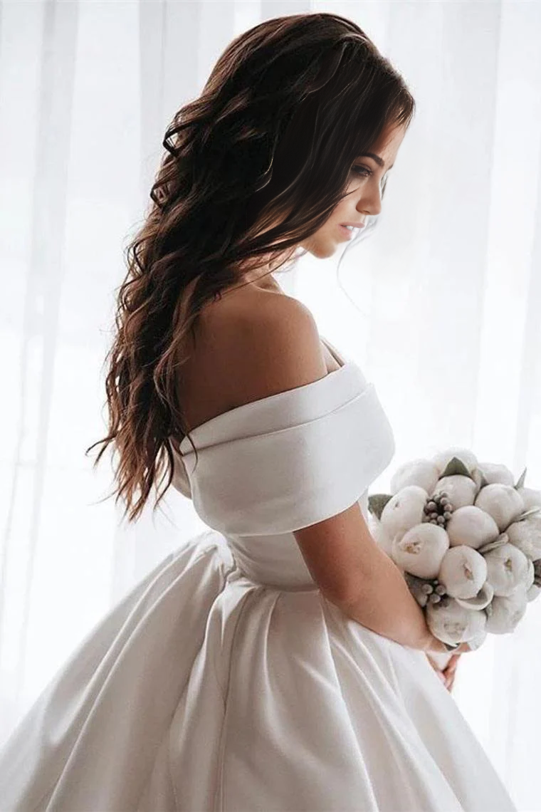 A-line Sweetheart Off The Shoulder Satin White Ball Gown Bride Dresses Wedding Dresses