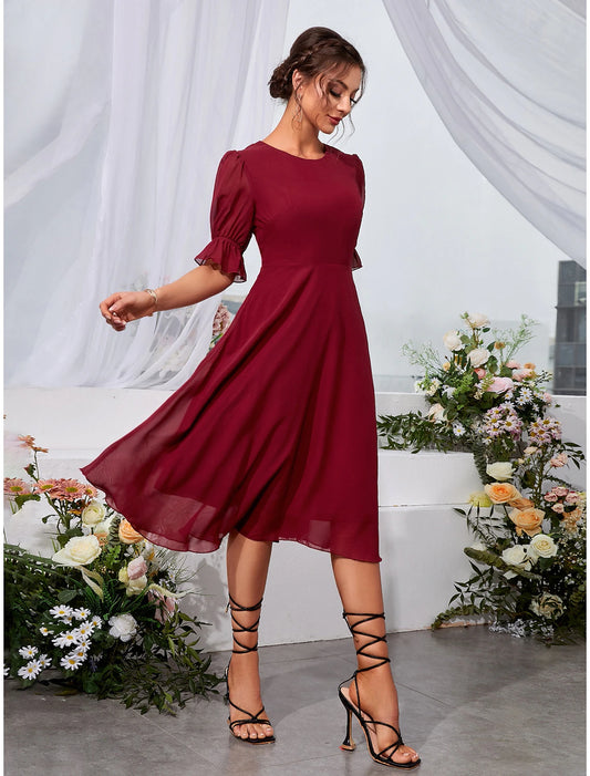 A-Line Wedding Guest Dresses Elegant Dress Holiday Tea Length Half Sleeve Jewel Neck Chiffon with Fringe