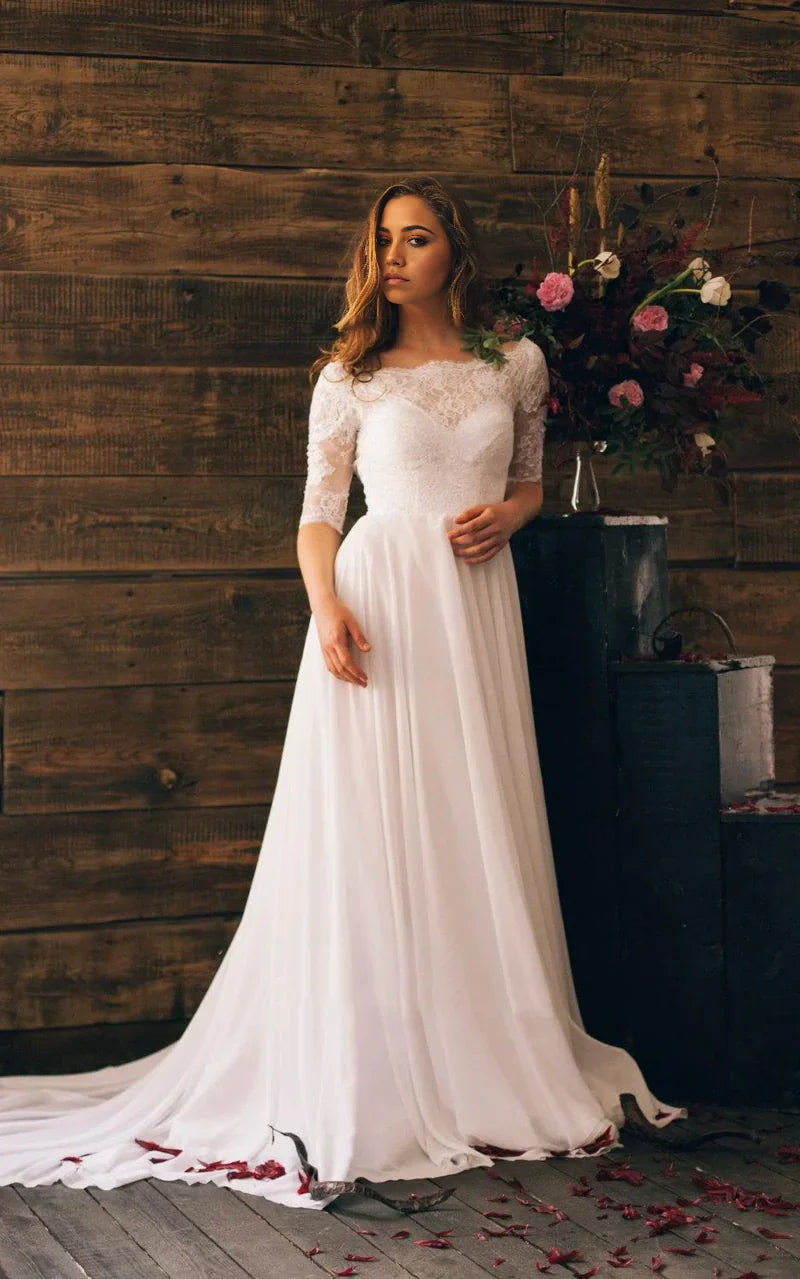 A-line Chiffon 3/4 Sleeve Long Dress With Lace Bodice